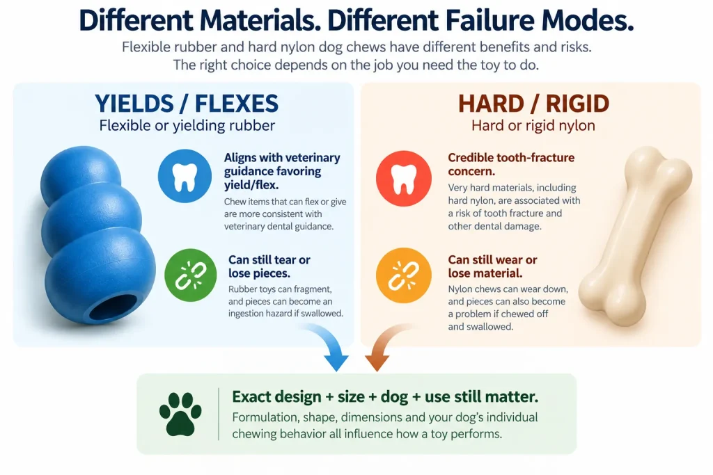 Infographic comparing flexible rubber and hard nylon dog chews, including dental-hardness and material-loss trade-offs.